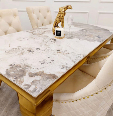 1.6M Louis Dining Table Gold with Sintered Stone Top With Bentley Cream Gold Lion Knocker Chairs