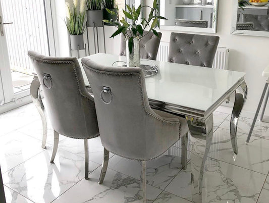 Louis White Glass Table With Valencia Dark  Grey Ring Knocker Chair