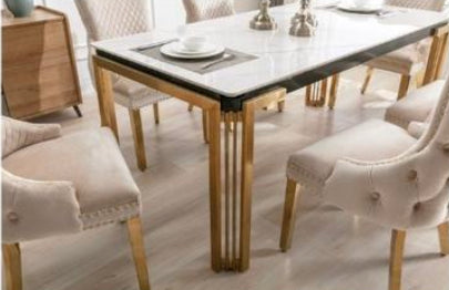 Sorrento Marble Dining Table White and Gold with Cream and Gold chairs