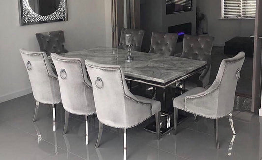 Ariana Marble Dining Table Light Grey With Jessica Silver Ring Knocker Chairs