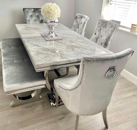 Arianna Light Grey Marble Table With Silver Ring Knocker Chairs & Arriana Silver Bench