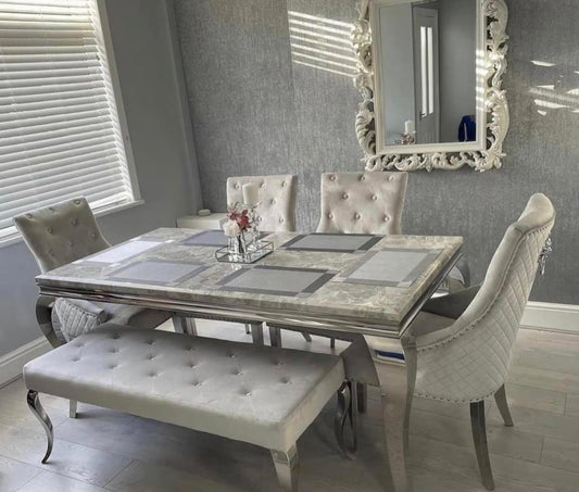 Louis Marble Dining Table With 4 Bentley Light Grey Lion Knocker Chairs & Matching Bench