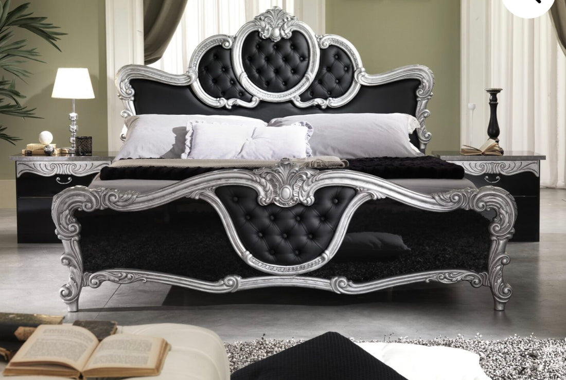 Diana Bed set, 4 doors wardrobe in Black and Silver