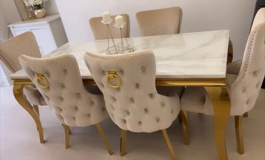 Marble Table White & Gold With Cream & Gold Chairs Ring Knocker