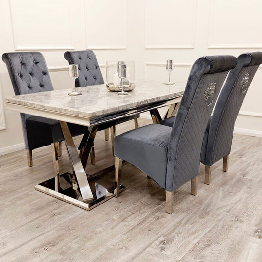 Xavia Light Grey Table With 4 Sofia Dark Grey Lion Knocker Chairs