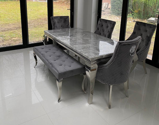 Louis Marble Dining Table 180cm  with 4 Majestic Lion Knocker Chairs & Bench