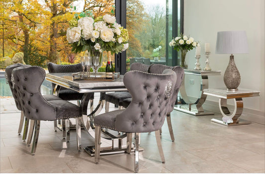 Arianna Marble Dining Table With Valentino Lion Knocker Chairs