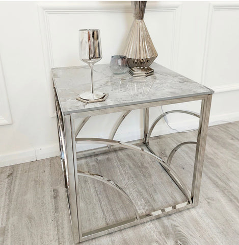 Stella Chrome Lamp Table with Stomach Ash Grey Sintered Top