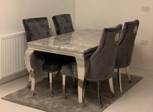 Louis  Marble Table With Majestic Dark Grey  Lion Knocker Chairs