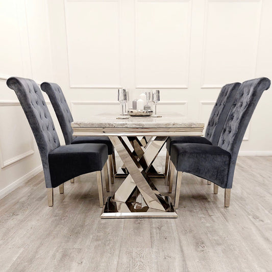 Xavia Light Grey Table With 4 Sofia Dark Grey Lion Knocker Chairs