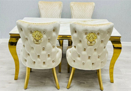Cream And Gold Marble Dining Table With Cream And Gold Lion Knocker Chairs