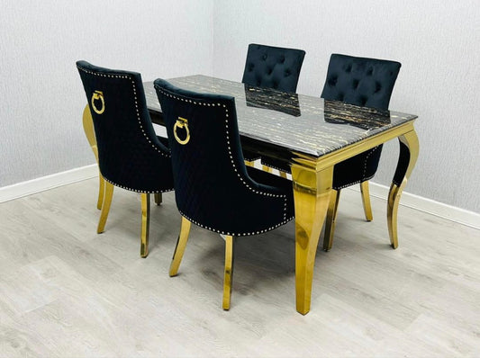 Louis Marble Dining Table Black and Gold With Majestic black Ring Knocker Black and Gold Chairs