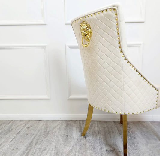 Bentley Cream Gold Dining Chair with Lion Knocker & Quilted Back