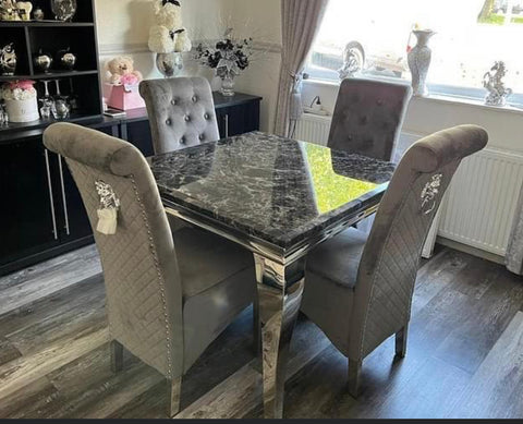 Square Marble Table Black With 4 Sofia Dark Grey Lion Knocker Chairs