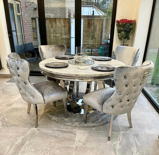 Marble Round Table Light Grey Chelsea 130cmx130cm  With Silver Valentino lion knocker Chairs