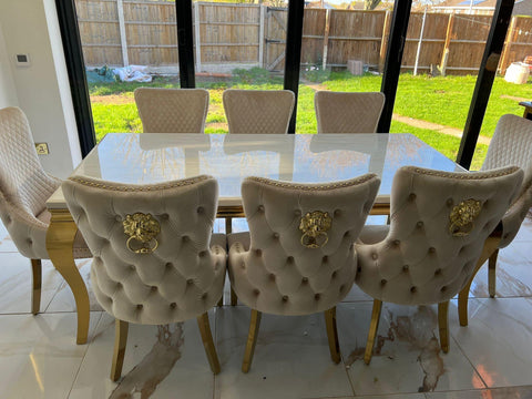 Louis Marble Dining Table Cream and Gold With Victoria Cream And Gold Lion Knocker