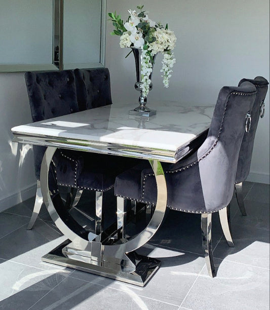Arianna White table with  Valencia Dark Grey Ring Knocker Chairs