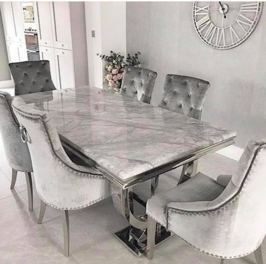 Arianna Marble Dining Table Light Grey Table With Jessica Silver Chairs