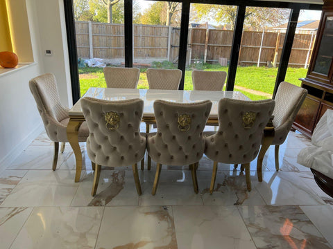 Louis Marble Dining Table Cream and Gold With Victoria Cream And Gold Lion Knocker