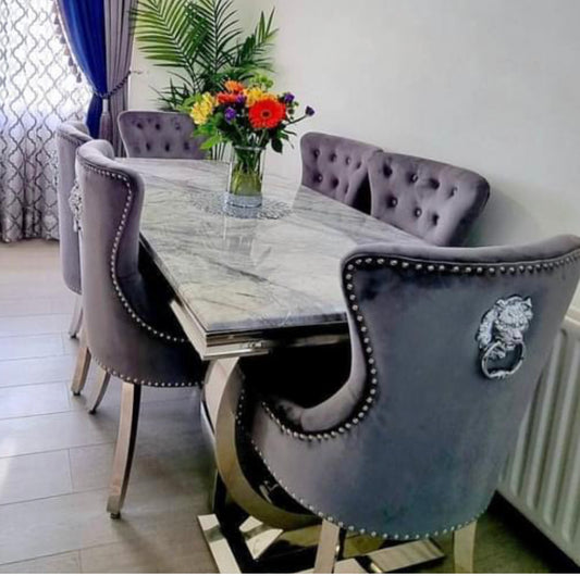 Arianna Light Grey Table With Chelsea Dark Grey Lion Knocker Chairs