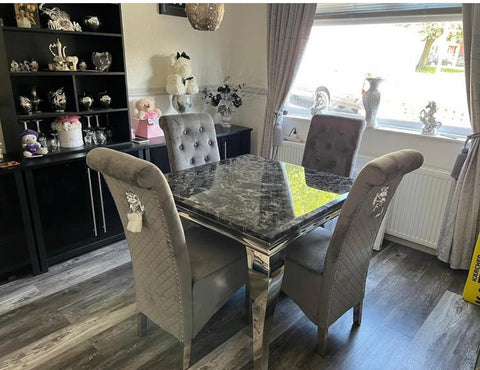 Louis Black Square Marble Table With Emma Dark Grey Chairs