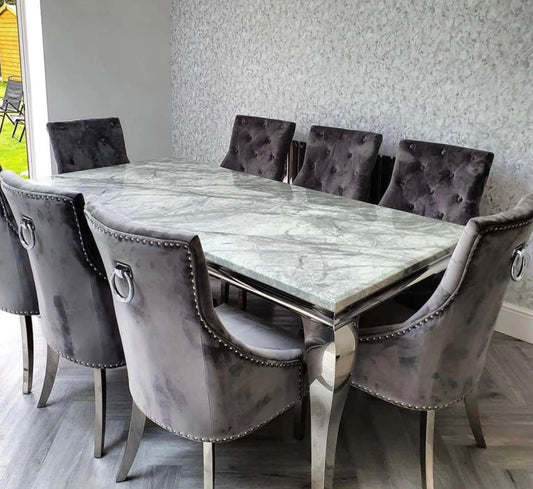 2M Marble Table With Valencia Dark Grey Ring Knocker Chairs