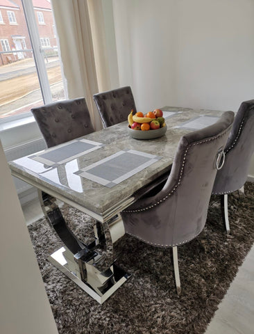 Arianna Marble Dining Table Light Grey With 4 Valencia Dark Grey Ring Knocker Chairs