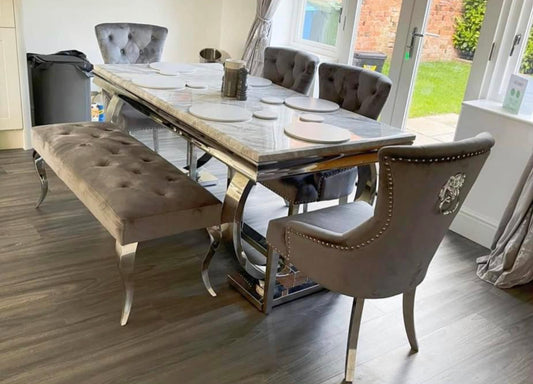 Arianna Marble Dining Table Light Grey with Chelsea Chairs & Louise Matching Bench