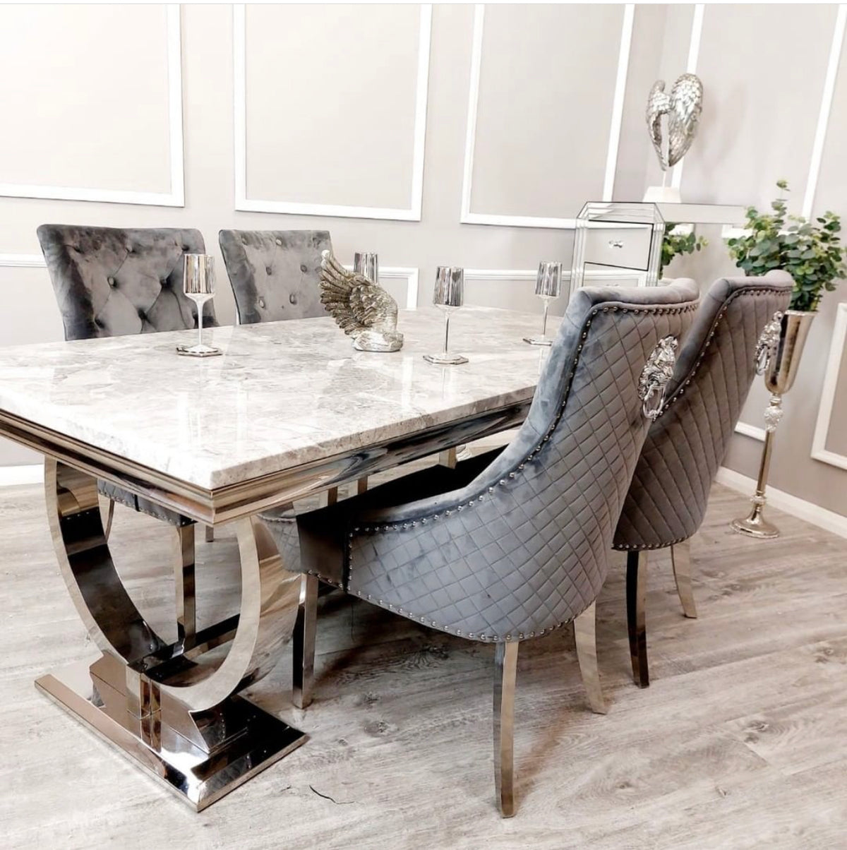 Ariana Marble Dining Table Light Grey With Majestic Dark Grey Lion Knocker Chairs