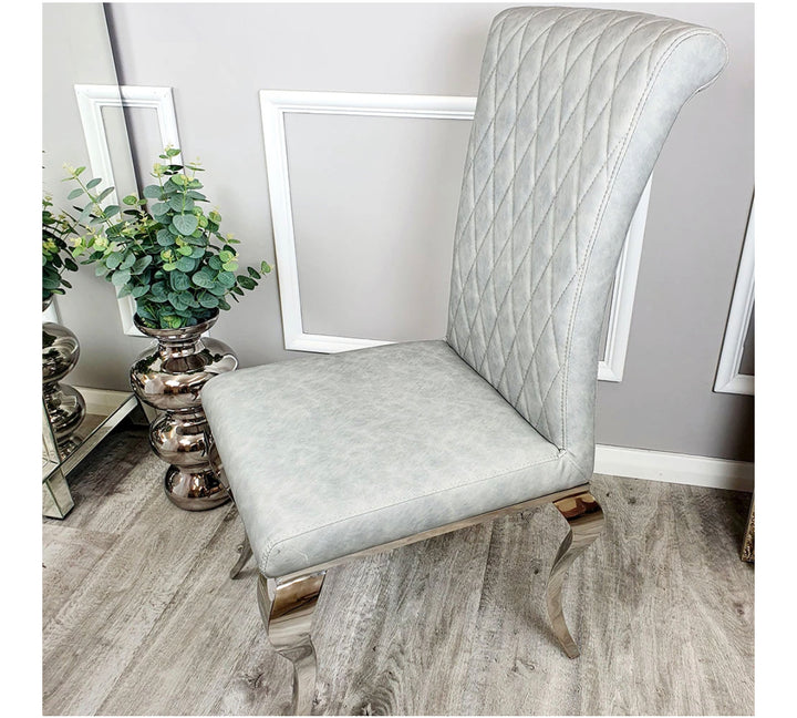 Louis Marble Dining Table White  With Nichole Leather Dark Grey Chairs