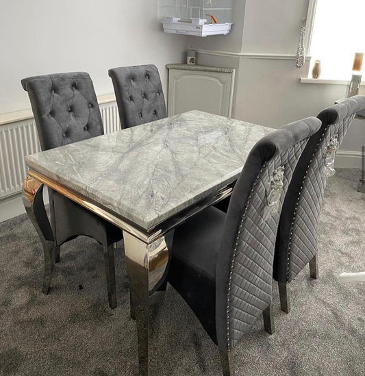 Louis 120x80cm Light Grey Table With 4 Sofia Dark Grey Lion Knocker Chairs