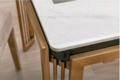 Sorrento Marble Dining Table White and Gold with Cream and Gold chairs