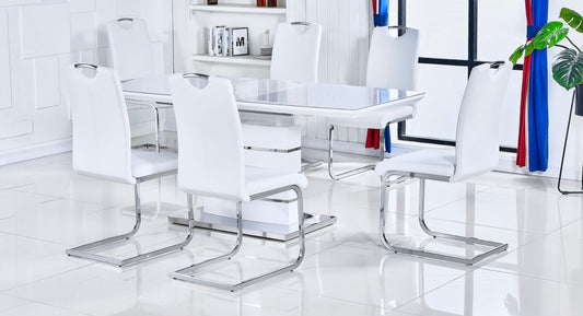 Milan White Extendable Table With 6 Leather White Chairs