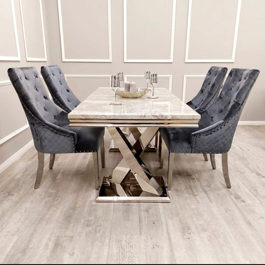 Xavia Light Grey Table With Majestic Dark Grey Lion Knocker Chairs
