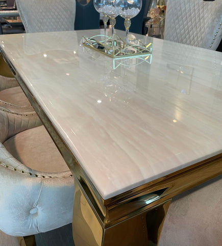 Louis Marble Dining Table Cream and Gold With Victoria Cream And Gold Lion Knocker