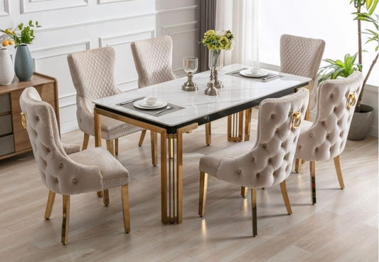 Sorrento Marble Dining Table White and Gold with Cream and Gold chairs