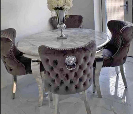 1.3M Louis Marble Round Table  With Dark Grey Valentino lion knocker Chairs