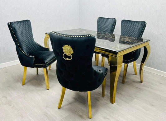 Louis Marble Dining Table Black And Gold With Victoria Black And Gold Lion Knocker Chairs
