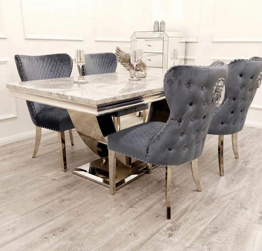 Ariel Marble Dining Table With Valentino Lion Knocker Chairs