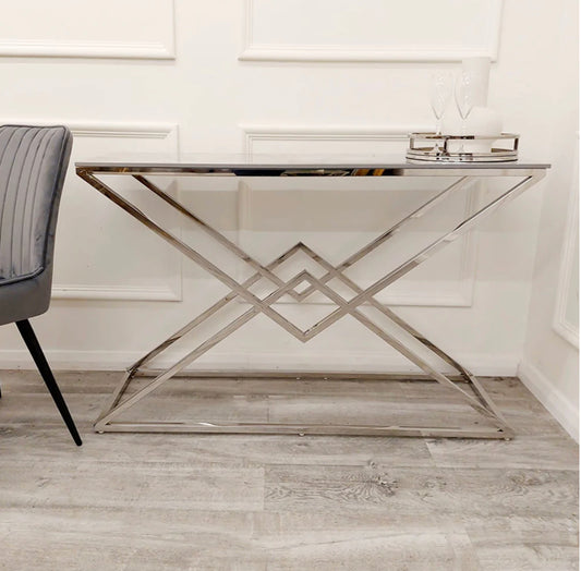 Vesta Chrome Console Table with Stomach Ash Sintered Stone Top