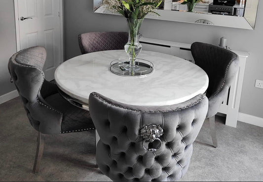1.3M White Round Marble Dining Table With 4 Valentino Dark Grey Lion Knocker Chairs