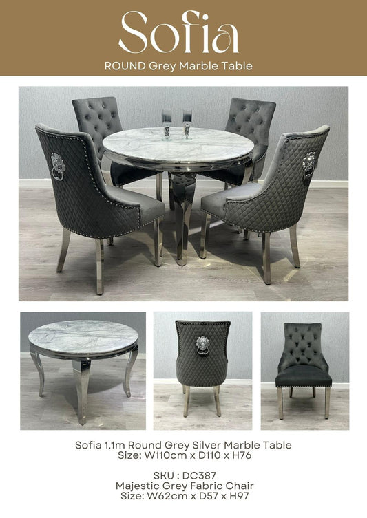 110x110cm Round Marble Table Light Grey With 4 Majestic Dark Grey Lion Knocker Chairs