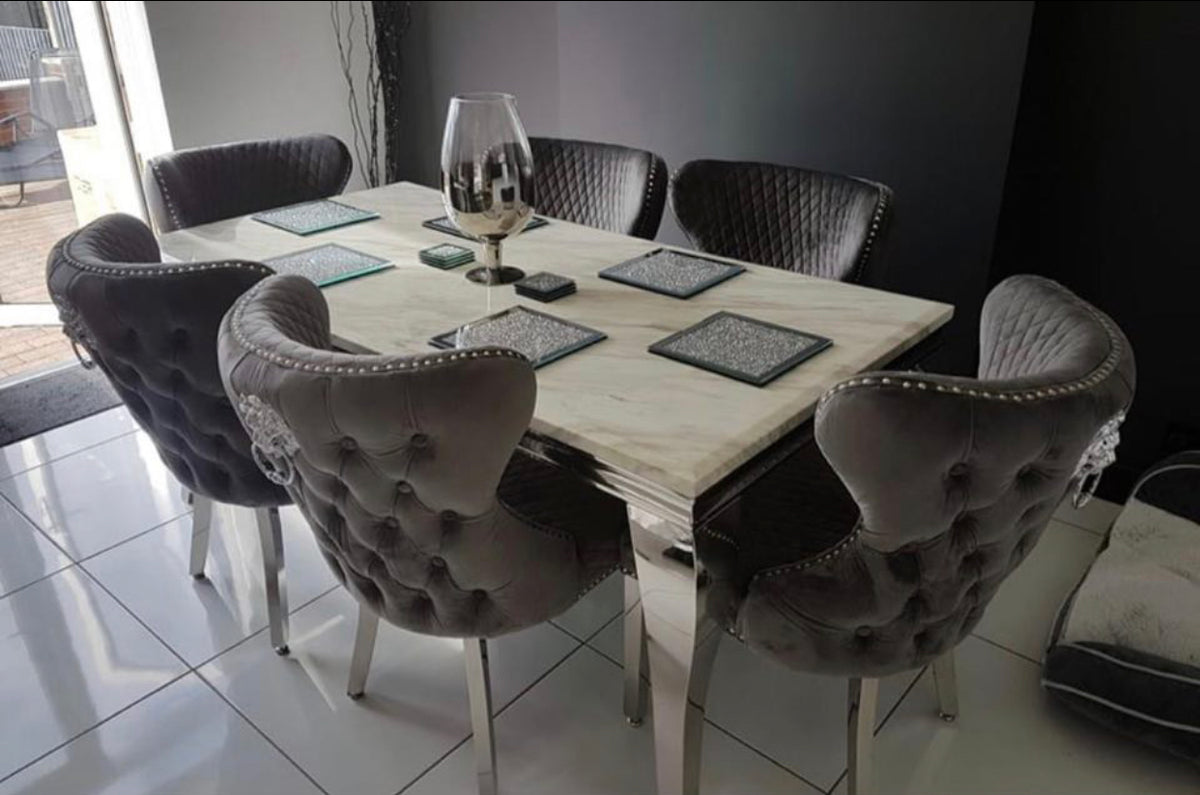 Louis 1.8M Marble Dining Table With Valentino Dark Grey Lion Knocker Chairs