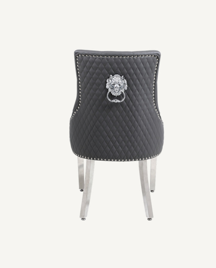 Pair Of 2 Majestic Dark Grey Pu Leather Lion Knocker Chair