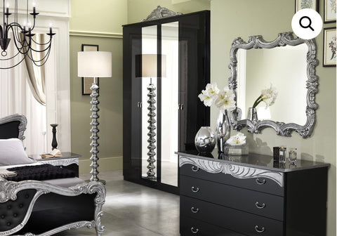 Diana Bed set, 4 doors wardrobe in Black and Silver