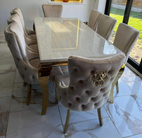 Louis Marble Dining Table Cream and Gold With Victoria Cream And Gold Lion Knocker