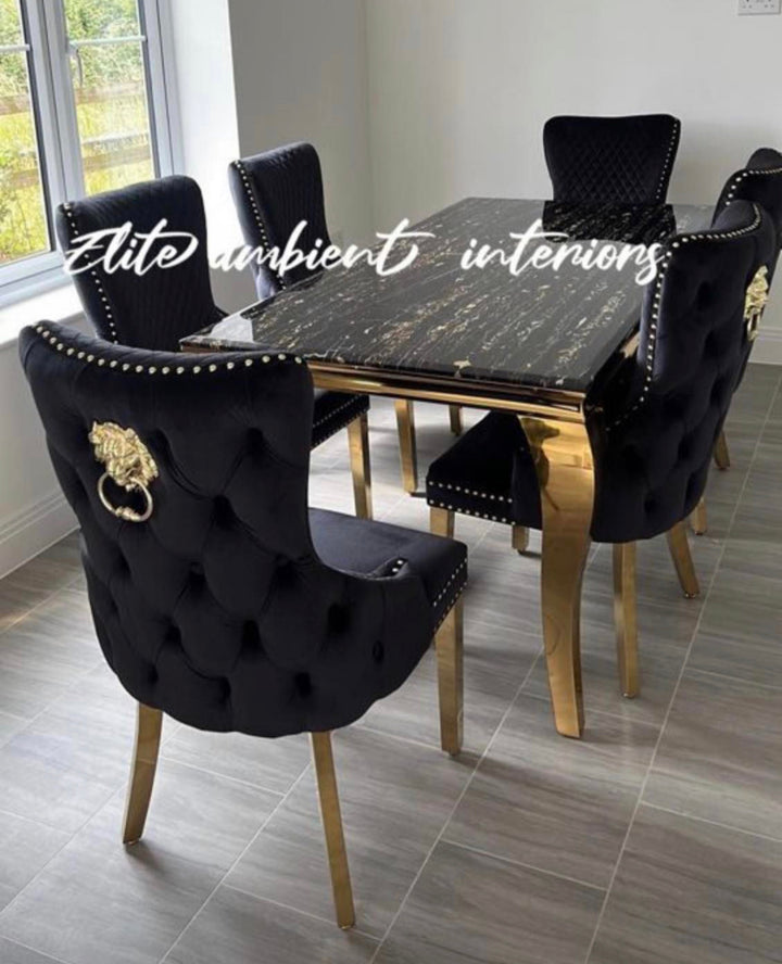 Louis Marble Dining Table Black And Gold With Victoria Black And Gold Lion Knocker Chairs