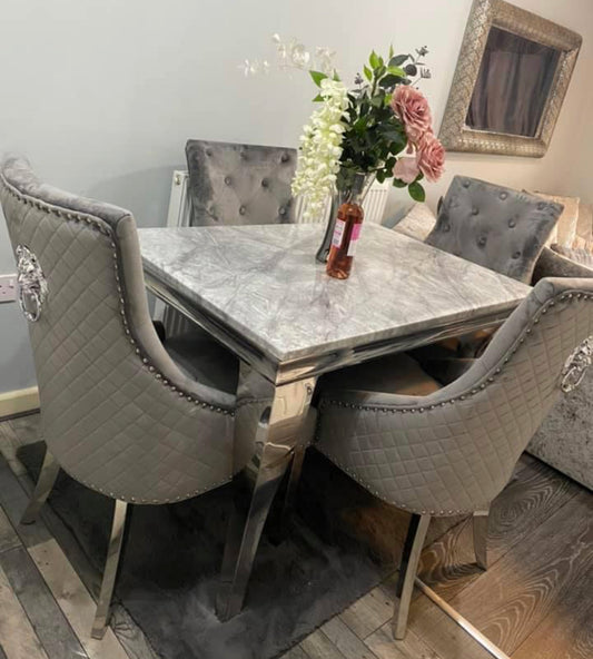 Louise 120cm Light Grey Table With 4 Majestic Dark Grey Lion Knocker Chairs