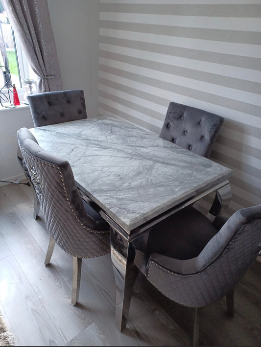 Louis Light Grey Marble Table With Majestic Dark Grey Chairs