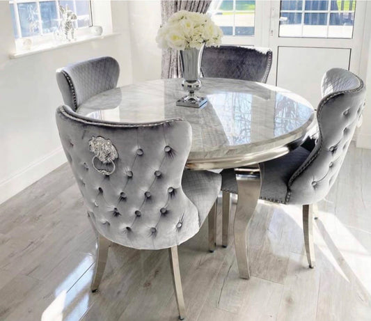 Louis 130cmx130cm Light Grey Round Table With Silver Valentino Lion Knocker Chairs
